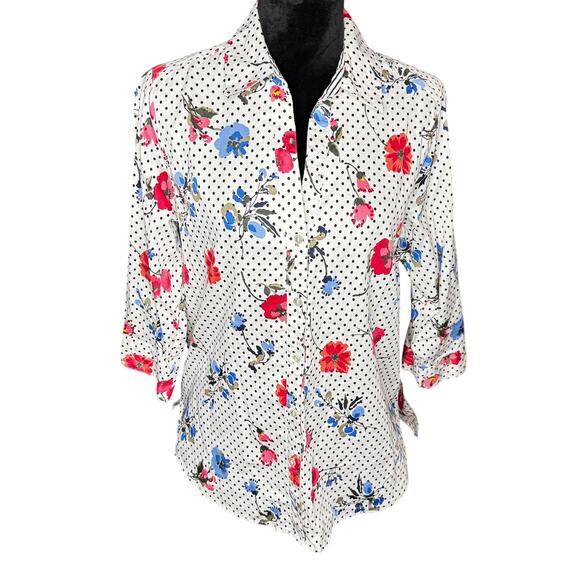 Allison Daley Women's sz 12 3/4 sleeve button Polka Dot Floral Blouse Top Casual - Picture 1 of 7